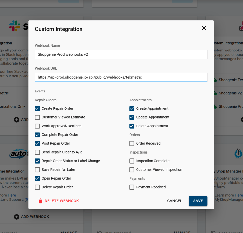 Setting up Webhooks in Tekmetric